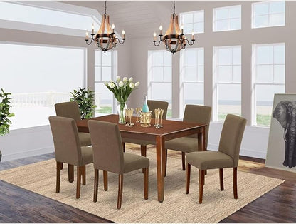 HomeStock 7 Piece Modern Dining Table Set Consist of a Rectangle Wooden Table and 6 Coffee Linen Fabric Upholstered Chairs, 36x60 Inch, Mahogany
