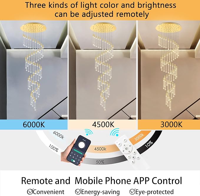 HAIXIANG 20 Foot 48-Light Gold High LED Dimmable Chandeliers Ceiling Pendant Light Fixtures Remote Control Light Fixtures Crystal Raindrop Fixtures Living Room Staircase Entrances