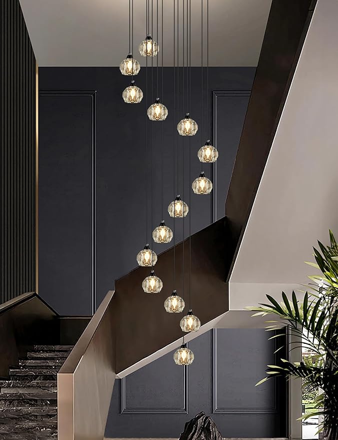 Weesalife Crystal Chandeliers for Staircases, 14-Light Black Modern Chandeliers for High Ceilings，Crystal Pendant Light Fixture for Living Room Kitchen Island Foyer Hallway Bar