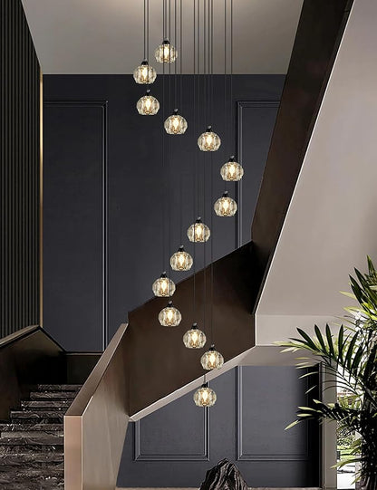 Weesalife Crystal Chandeliers for Staircases, 14-Light Black Modern Chandeliers for High Ceilings，Crystal Pendant Light Fixture for Living Room Kitchen Island Foyer Hallway Bar