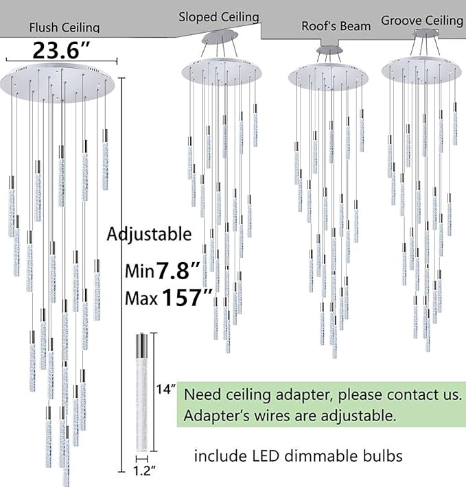 HAIXIANG W24 x H157 Glam Chandelier Bubble Crystal Ceiling Chandeliers Remote Dimmable LED Light High Ceiling Pendants Light Fixtures Adjustable Long Lights 24-Lights Silver Lamp