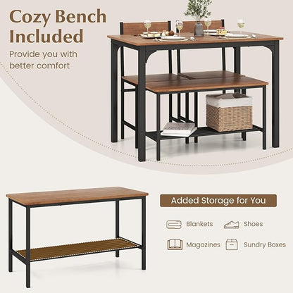 LDAILY Dining Table Set for 4, 4-Piece Wooden Kitchen Table and Chairs with Bench, Storage Rack & Metal Frame, Industrial Dining Room Table Set of 4 for Small Space, Apartment, Kitchen (Rustic Brown)