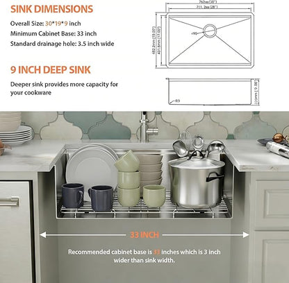 30 Undermount Sink Stainless Steel- Fuyuoer 30 Inch Kitchen Sink Workstation 16 Gauge Stainless Steel Single Bowl Round Corner Handmade Deep Basin Kitchen Sinks, 30x19x9 Inch