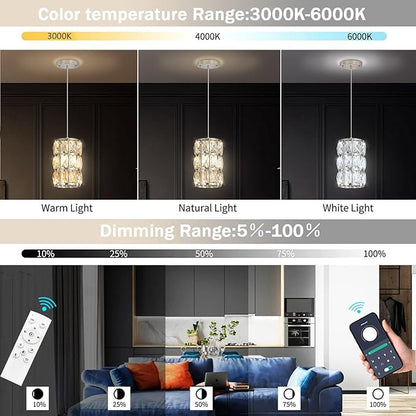 1-Lights Modern Crystal Pendant Lights for Kitchen Island LED Dimmable Glam Pendant Lighting Chandelier for Dining Room Hallway Corner Lamp Nickel
