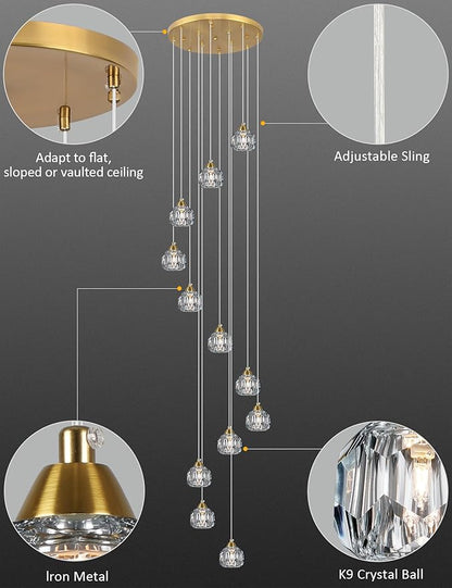 Weesalife Crystal Chandeliers for Staircases, 12-Light Gold Modern Chandeliers for High Ceilings，Crystal Pendant Light Fixture for Living Room Kitchen Island Foyer Hallway Bar