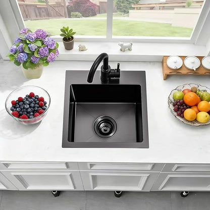 Gunmetal Black bar sink 15 inch Drop in Bar Sinks Modern Stainless Steel Small Kitchen Sinks Single Bowl RV Sink with Faucet Combo