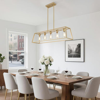 5-Light Gold Chandeliers for Dining Room | Modern Kitchen Island Light Fixture | Rectangle Chandelier for with Clear Glass Shade | Apply to Dining Room Light fixtures Over Table