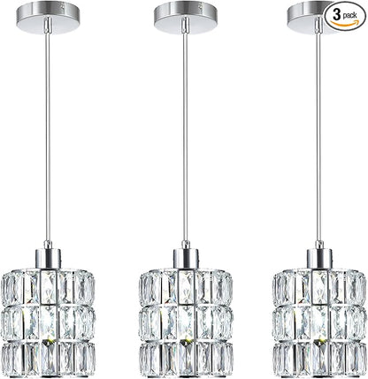 3 Pack Chrome Crystal Pendant Light, Mini Pendant Lights for Kitchen Island with Crystal Plate Metal Shade, Modern Concise Pendant Silver Fixture for Foyer Hallway, Dining Room