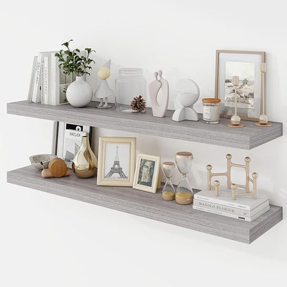 Acovy 40 Inch Floating Shelves, 9.3" Deep Floating Shelf Wall Mounted, 40" Wall Shelves, Rustic Deep Bookshelf, Large Display Shelves & Storage Shelves for Bedroom, Living Room, Gray, Set of 2