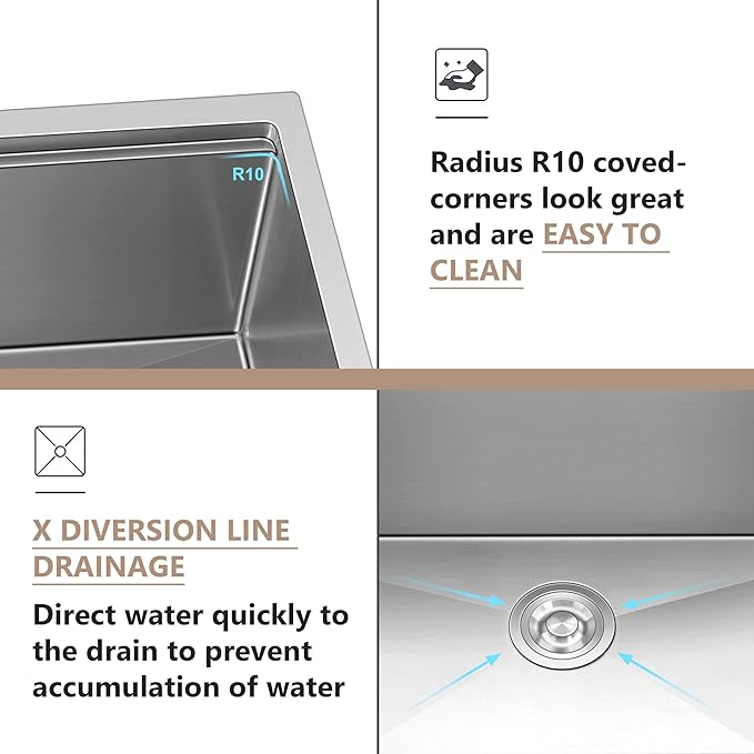 Herogo 33x19 Inch Kitchen Sink with Accessories, 18/10 Stainless Steel Undermount Kitchen Sink Workstation Single Bowl R10 Corner 10 Inch Deep