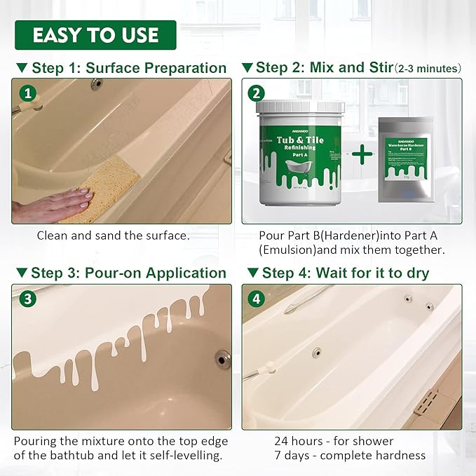 NADAMOO Tub and Tile Refinishing Kit (3kg / 105 oz, with tools, White), DIY Bathtub Sink Countertop Paint Resurface Kit for Bathroom Kitchen Porcelain Fiberglass, Semi-gloss