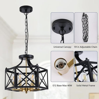 6-Light Black and Brushed Gold Pendant Light, Modern Farmhouse Chandeliers for Dining Room, Adjustable Metal Cage Hanging Light, Vintage Geometric Pendant Lighting for Kitchen Entryway Foyer
