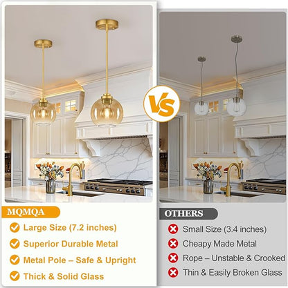 MQMQA 2 Pack 7.2-Inch Globe Pendant Lights, Mid Century Gold Pendant Light Fixtures, Amber Glass Pendant Lights Kitchen Island Adjustable Hanging Fixture for Dining Room Bulbs not Included