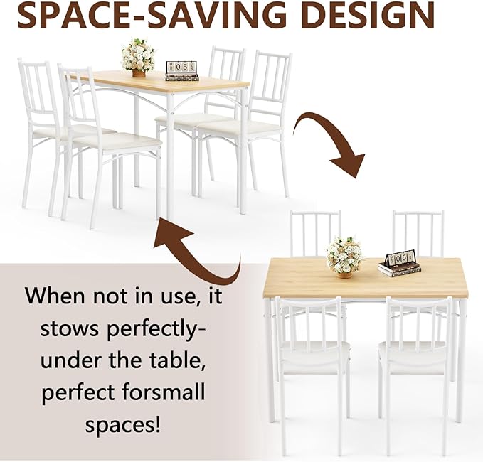 5 Piece Dining Table Set for 4, Farmhouse Kitchen Table and PU Chairs, Small Space Compact Dinette, Wood Top & Metal Frame, Breakfast Nook Set for Apartment Dining Room (Walnut+Black)