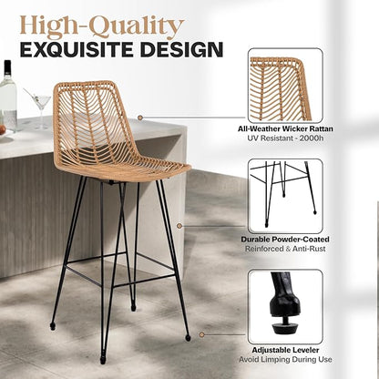 IDZO Outdoor Rattan Bar Stools Set of 2, 42-Inch Tall with 400lbs Weight Endurance, Featuring a Steel Frame and Comfort Cushions, Ideal Outdoor Bar Stools and Kitchen Island