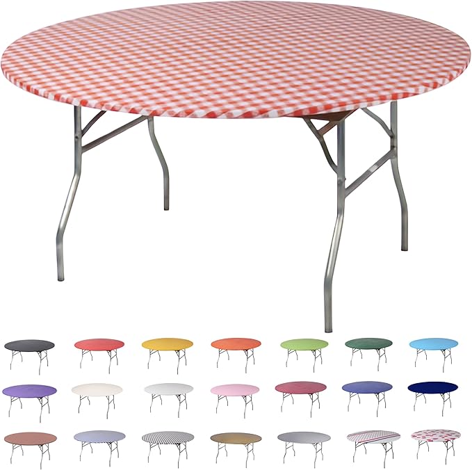 Kwik-Covers 10 Pack of Round Plastic Table Covers - 60" or 72" Round - Indoor or Outdoor Fitted Covers (Tables NOT Included) (Red Gingham, 60" Round)