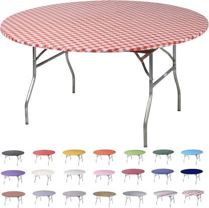Kwik-Covers 10 Pack of Round Plastic Table Covers - 60" or 72" Round - Indoor or Outdoor Fitted Covers (Tables NOT Included) (Red Gingham, 60" Round)
