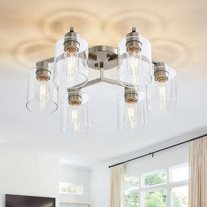 YYT Light Fixtures for Dining Room 6-Light Semi Flush Mount Ceiling Light Fixtures Large Brushed Nickel Kitchen Lighting Fixtures Ceiling with Clear Glass Shade for Living Room - E26