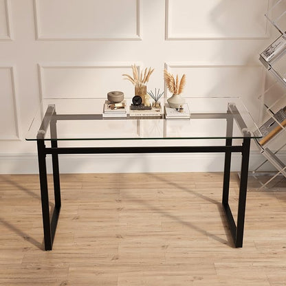 Goujxcy Glass Dining Table Modern 51'' Rectangle Kitchen Table for 4 with Tempered Glass Tabletop and Metal Legs for Kitchen, Dining Room, Restaurants (Black)