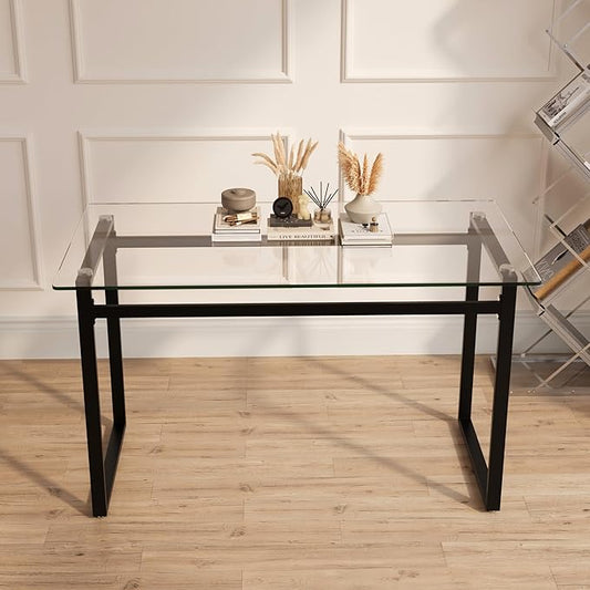 Goujxcy Glass Dining Table Modern 51'' Rectangle Kitchen Table for 4 with Tempered Glass Tabletop and Metal Legs for Kitchen, Dining Room, Restaurants (Black)