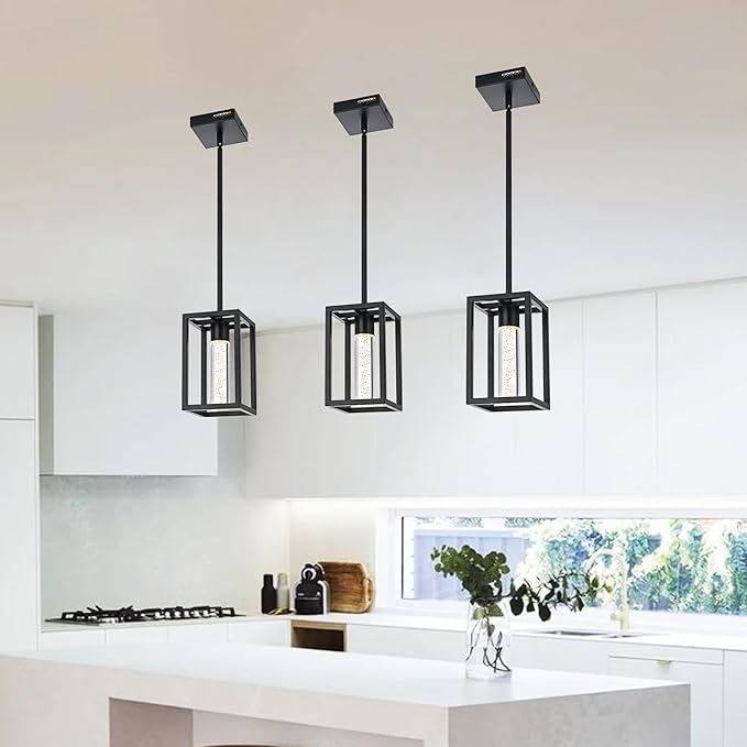 MELUCEE Modern Led Pendant Light Fixture 5 Color Temperature Adjustable, 3 Pack 15W LED Bubble Crystal Pendant Lights Kitchen Island, Black Dining Room Light Fixtures Adjustable Height, 3000-6000K