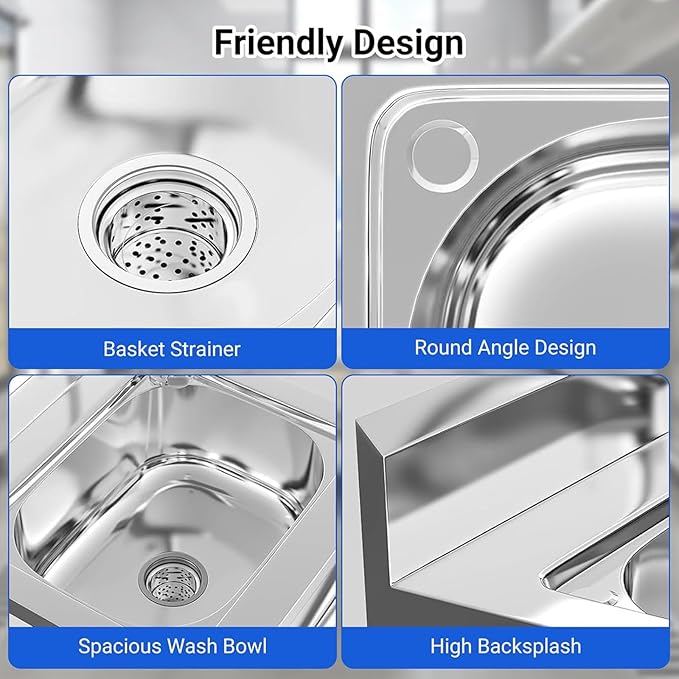 Stainless Steel Utility Sink with Faucet - Freestanding Single Bowl Sink for Commercial Kitchen, Laundry, Garage, Shop, Patio, Outdoor Prep & Wash Sink with Shelf, Fregadero Para Patio Exterior - 23In