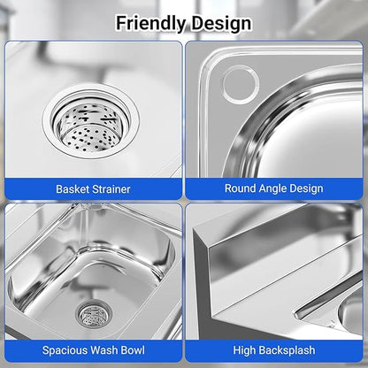 Stainless Steel Utility Sink with Faucet - Freestanding Single Bowl Sink for Commercial Kitchen, Laundry, Garage, Shop, Patio, Outdoor Prep & Wash Sink with Shelf, Fregadero Para Patio Exterior - 23In