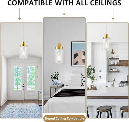 Industrial Pendant Lighting, Modern Clear Glass Shade Pendant Lights, Adjustable Hanging Light Fixtures, Farmhouse Pendant Lighting for Kitchen Island Living Room Bedroom Hallway 3-Pack (Gold)
