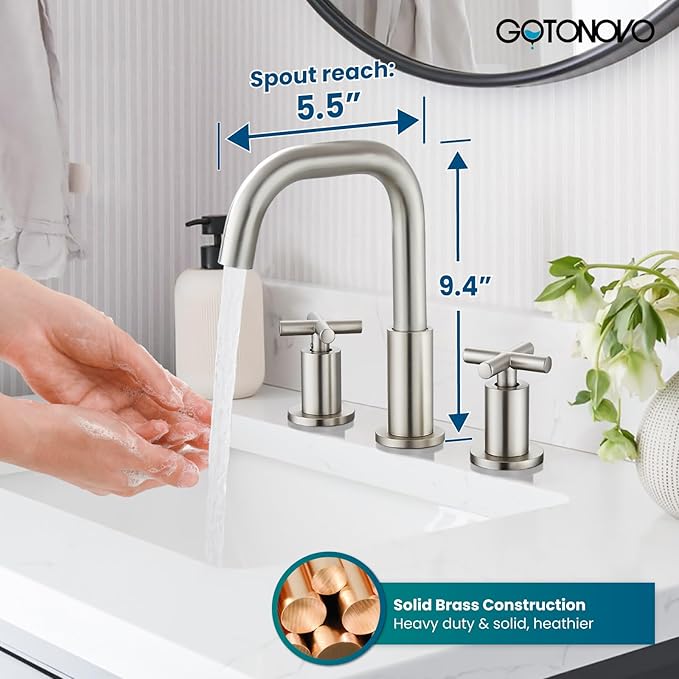 gotonovo 8 inch Widespread 3 Hole Bathroom Sink Faucet,2 Cross Handle Vanity Faucet Deck Mount Basin for Bathroom Sink 360° Swivel Spout with Pop Up Drain Brushed Nickel