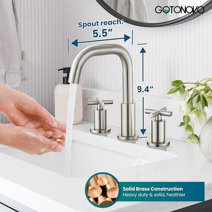 gotonovo 8 inch Widespread 3 Hole Bathroom Sink Faucet,2 Cross Handle Vanity Faucet Deck Mount Basin for Bathroom Sink 360° Swivel Spout with Pop Up Drain Brushed Nickel