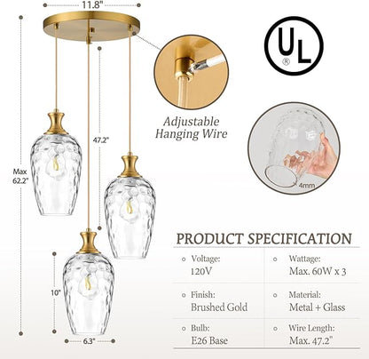 3-Light Pendant Lighting, Modern Brushed Gold Dining Room Chandelier Light Fixture Over Table with Hammered Glass, Brass Cluster Hanging Lights for Kitchen Island Dining Room Bedroom, E26