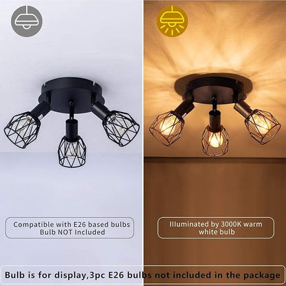 Industrial Semi Flush Mount Ceiling Light, 3-Light Multi-Directional Ceiling Light Fixtures, Vintage Black Metal Wire Cage Farmhouse Pendant Lighting for Kitchen Dining Room Hallway Foyer Bedroom E26