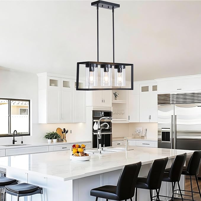 Black Rectangle Farmhouse Chandeliers, 3-Light Modern Linear Dining Room Light Fixture with Clear Glass Shades, Kitchen Island Lighting Fixtures Over Table Ceiling Hanging Pendant Lights