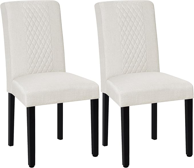 VECELO Dining Chairs Set of 2, Upholstered Fabric Wood Legs High Back for Kitchen Living Room, Beige