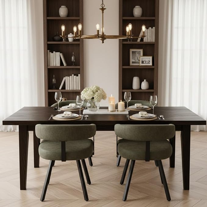 Modern Barrel Dining Chairs Set of 4, Green PU Leather Upholstered Dining Room Chairs with Arms, Comfy Kitchen Chairs with Black Metal Legs for Dinner Living Room