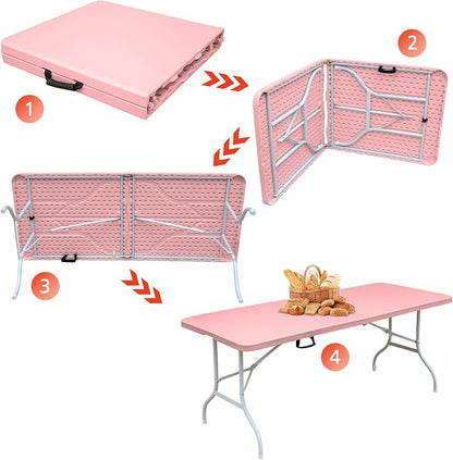 Portable 6Ft Plastic Folding Table, Heavy Duty 6ft Fold-in-Half Table with Carrying Handle, 6' Folding Utility Foldable Table for Picnic Party Camping Kitchen, Indoor/Outdoor (White)