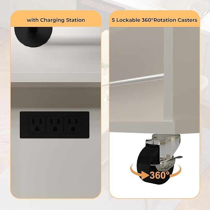 GarveeHome Rolling Kitchen Island with Drop Leaf Countertop, Charging Station & Ample Storage - 47.2 in Mobile Kitchen Cart On Wheels with Pull-Out Shelves, Drawers, Spice Rack & Organizer Divider