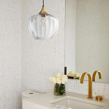 Clear Glass Pendant Lights Kitchen Island, 9" Round Lampshade Vintage Hanging Lamp Ceiling Lighting Fixtures, Gold Modern Chandelier for Dining Room Restaurant Bedroom Foyer Entryway