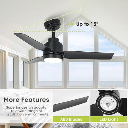 42 Inch Black Ceiling Fans with Lights and Remote/APP, Modern Ceiling Fan for Living Room Outdoor Ceiling Fan 6-Speed Adjustable Reversible DC Motor Timer Noiseless 3CCT Dimmable for Bedroom Office