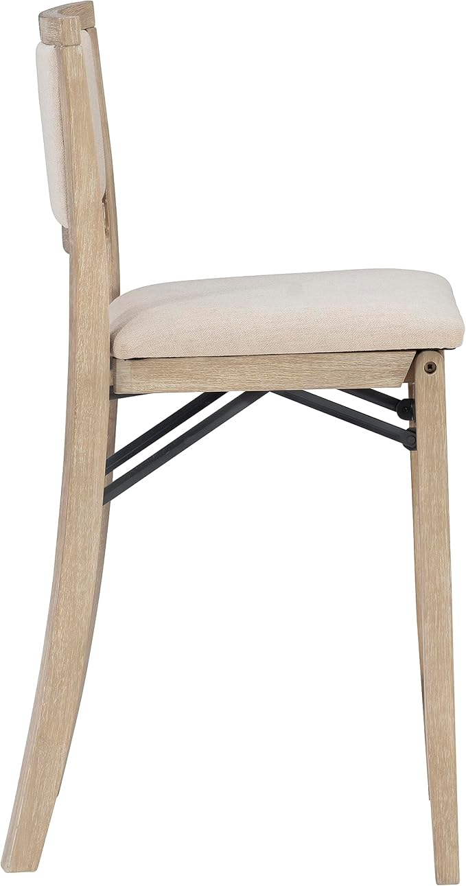 Linon Keira Natural Rustic Wooden Folding 25 Inch Seat Height Counter Stool with Beige Upholstered Seat and Back