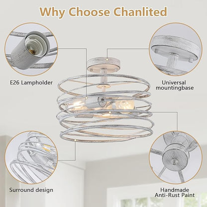 White 3-Light Rustic Drum Semi Flush Ceiling Light Fixture, Retro Farmhouse Chandeliers Metal Cage for Dining Room, Industrial Pendant Light Fixture for Entryway Kitchen Foyer Bedroom