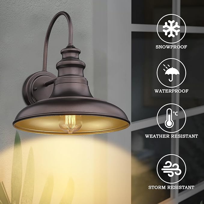 Outdoor Barn Light Fixture Farmhouse Wall Mount Light Wall Sconce Exterior Wall Lighting Fixture Industrial Bronze Finish Lantern for Porch with Gold Interior, 1Pack, RZ004 ORB