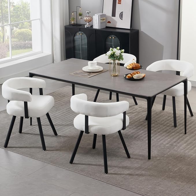 Modern Barrel Dining Chairs Set of 4, White Chenille Upholstered Dining Room Chairs with Arms, Comfy Kitchen Chairs with Black Metal Legs for Dinner Living Room