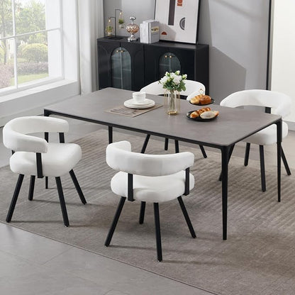 Modern Barrel Dining Chairs Set of 4, White Chenille Upholstered Dining Room Chairs with Arms, Comfy Kitchen Chairs with Black Metal Legs for Dinner Living Room