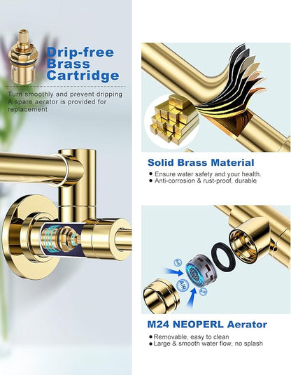WOWOW Pot Filler Faucet Polished Brass, Kitchen Pot Filler Wall Mount Stove Faucet with Double Joint Swing Arms