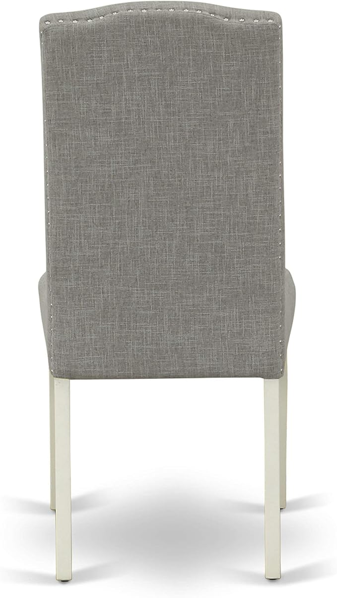 East West Furniture ENP2T06 Encinal Parson Dining Chairs - Nailhead Trim Dark Shitake Linen Fabric Padded Chairs, Set of 2, Linen White