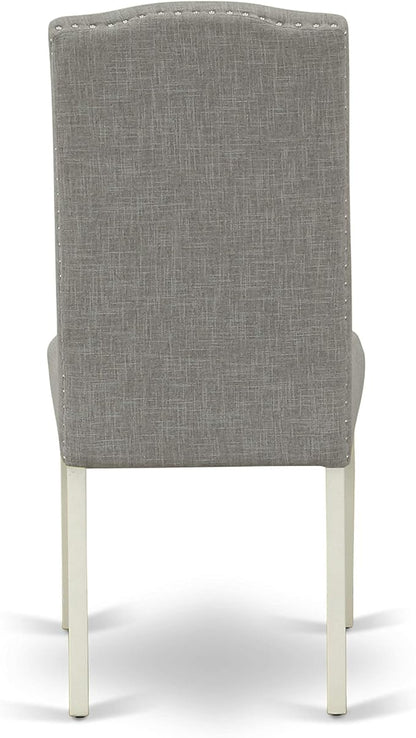 East West Furniture ENP2T06 Encinal Parson Dining Chairs - Nailhead Trim Dark Shitake Linen Fabric Padded Chairs, Set of 2, Linen White