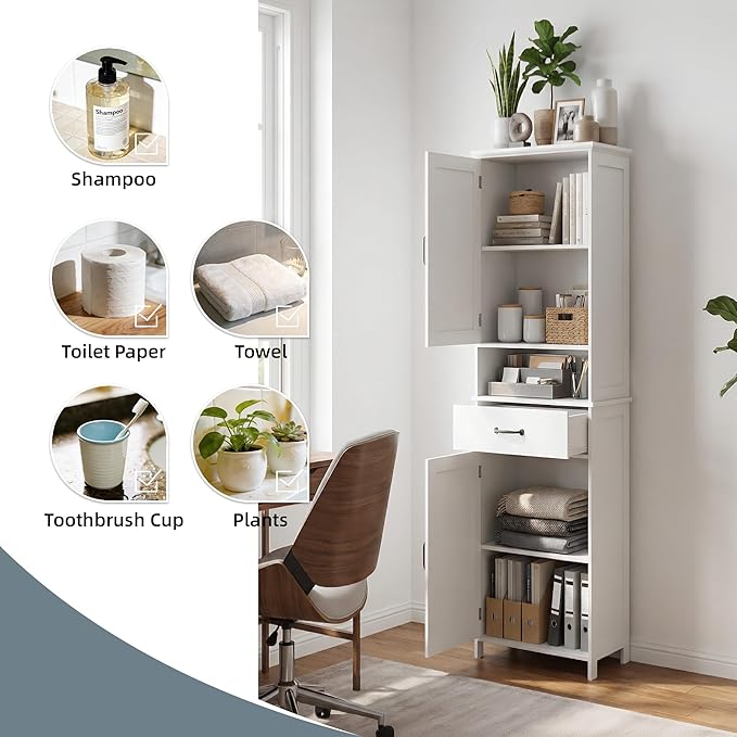 Casaphoria Tall Bathroom Storage Cabinet, 65" H Narrow Floor Cabinet with 2 Barn Doors and 1 Drawer, Freestanding Linen Tower with Adjustable Shelves, Anti-Tipping, White