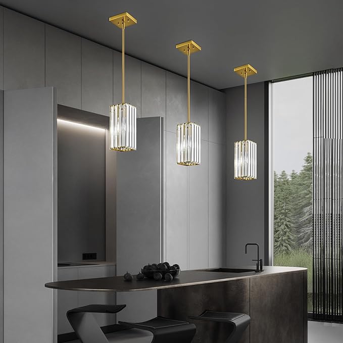 Modern Pendant Light Gold Rectangle Pendant Lighting Mini Crystal Chandeliers Adjustable Pendant Light Fixture for Kitchen Island Dinning Room Living Room Corridor Bedroom(Gold 3-Pack)