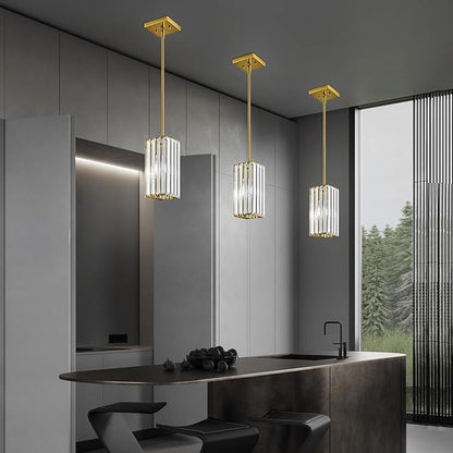 Modern Pendant Light Gold Rectangle Pendant Lighting Mini Crystal Chandeliers Adjustable Pendant Light Fixture for Kitchen Island Dinning Room Living Room Corridor Bedroom(Gold 3-Pack)